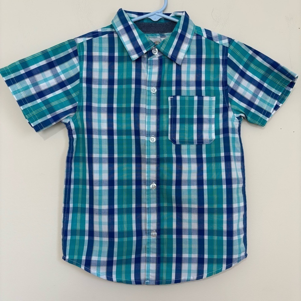 Kids Headquarters little Boys Blue Green Plaid Button Up Short Sleeve Shirt 5
